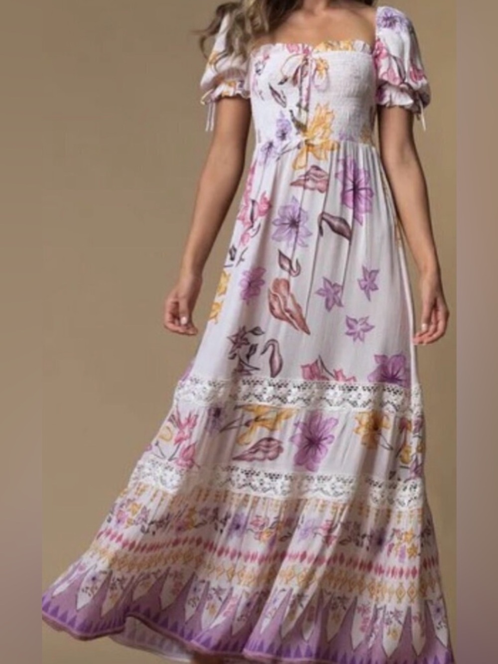 Z&L Tiana Maxi Dress Floral Boho Tiered Smocked Puff Sleeve Cottagecore small
